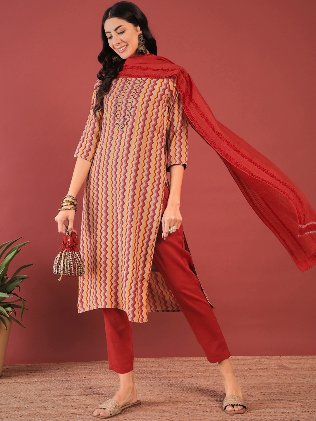 

Anouk Red Striped Thread Work Straight Kurta With Trouser & Dupatta