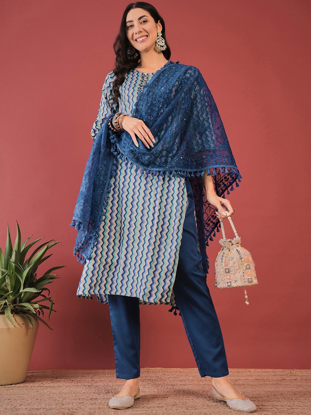 

Anouk Blue Striped Thread Work Straight Kurta With Trouser & Dupatta