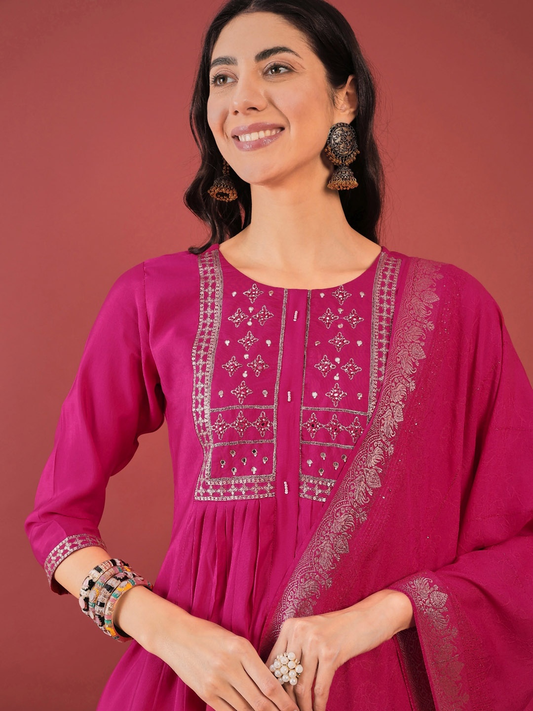 

Anouk Pink Ethnic Motifs Yoke Design Beads & Stones A-Line Kurta & Trouser With Dupatta