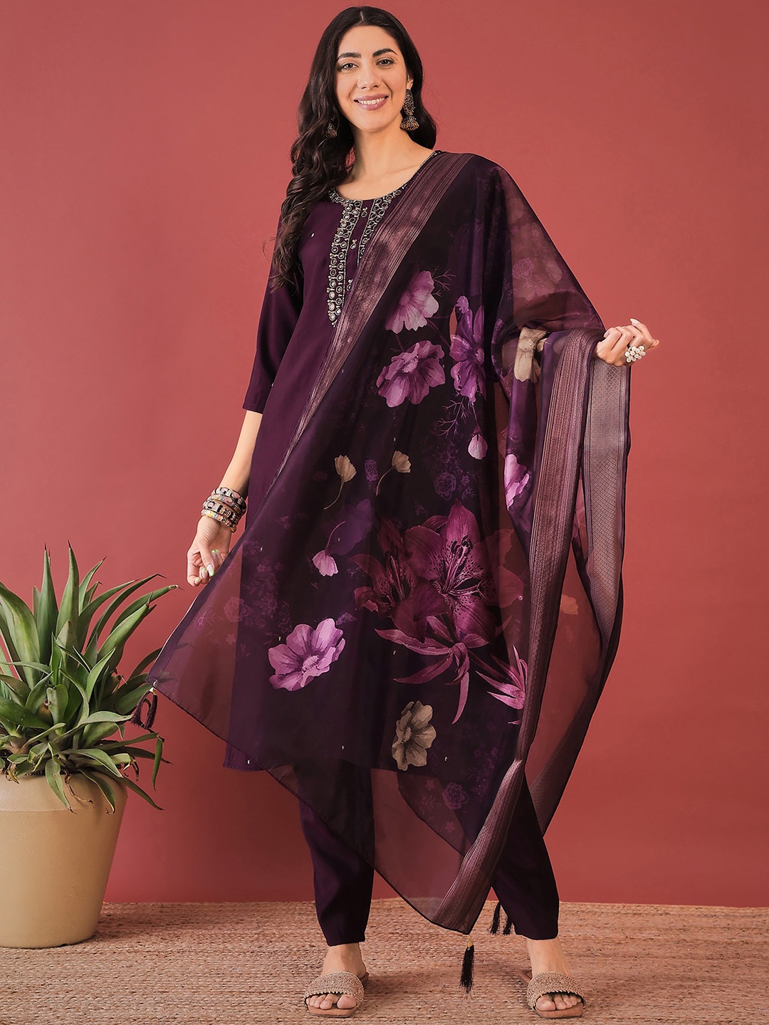 

Anouk Magenta Ethnic Motifs Yoke Design Straight Kurta & Trouser With Dupatta, Purple