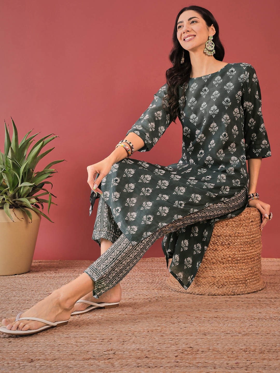 

Anouk Green Ethnic Motifs Printed Mirror Work Cotton Silk Straight Kurta With Trouser