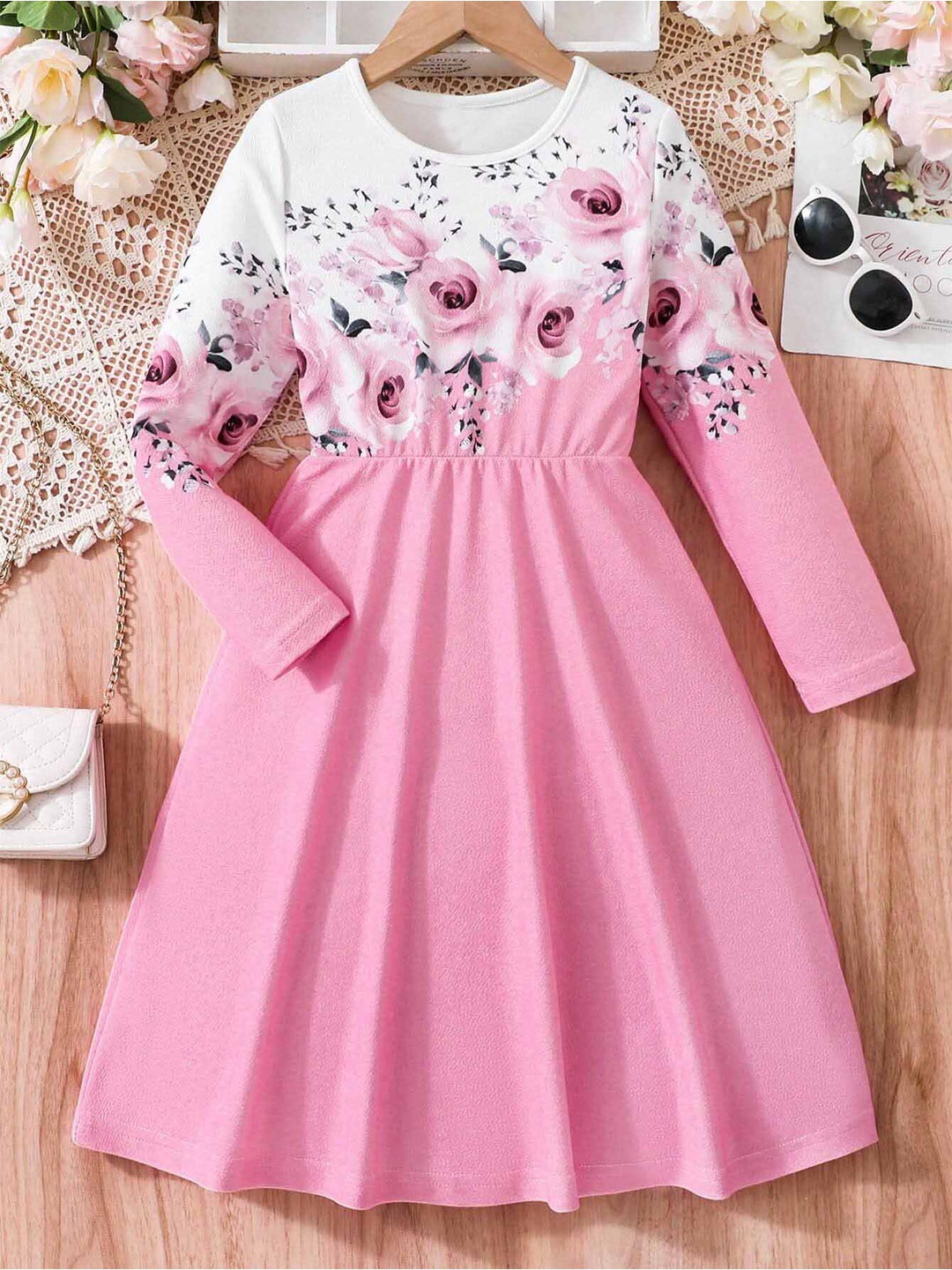 

BAESD Girls Floral Print Cotton Round Neck Long Sleeves Fit & Flare Casual Dress, Pink