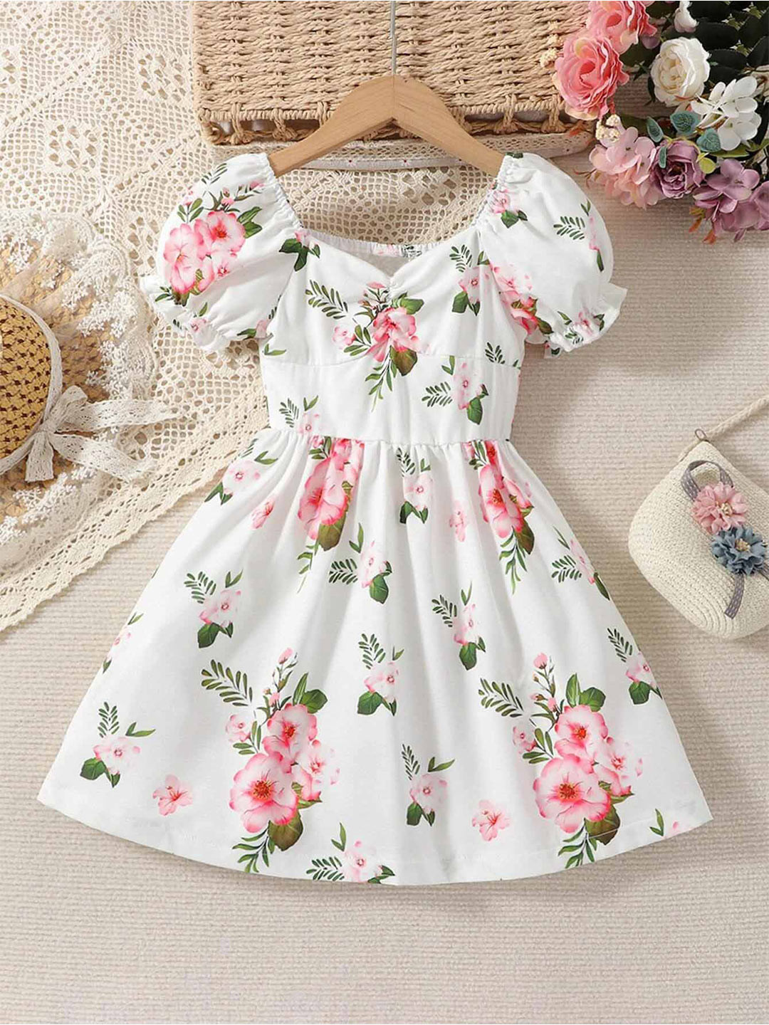 

BAESD Girls Floral Print Sweetheart Neck Short Puff Sleeves Fit & Flare Dress, White