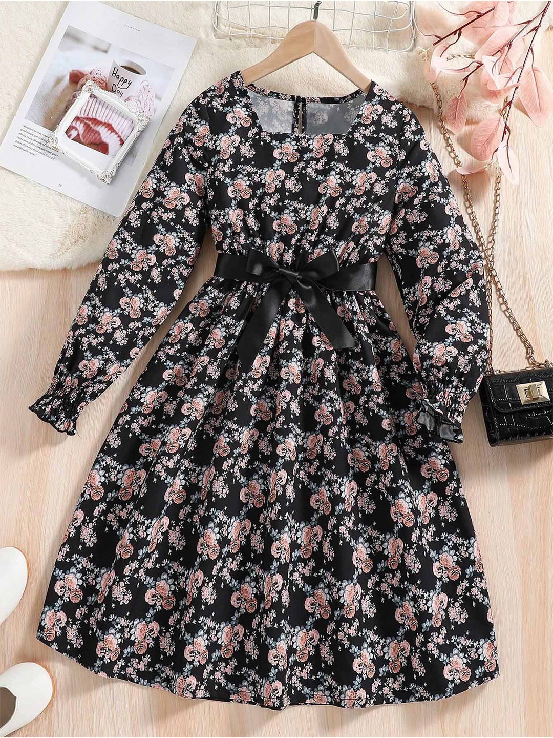 

BAESD Girls Floral Print Cotton Fit & Flare Casual Dress Comes With A Belt, Black