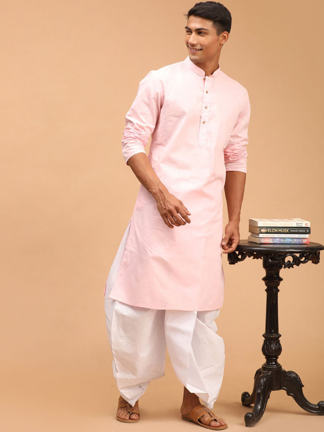 

VASTRAMAY Mandarin Collar Regular Kurta With Dhoti Pants, Pink