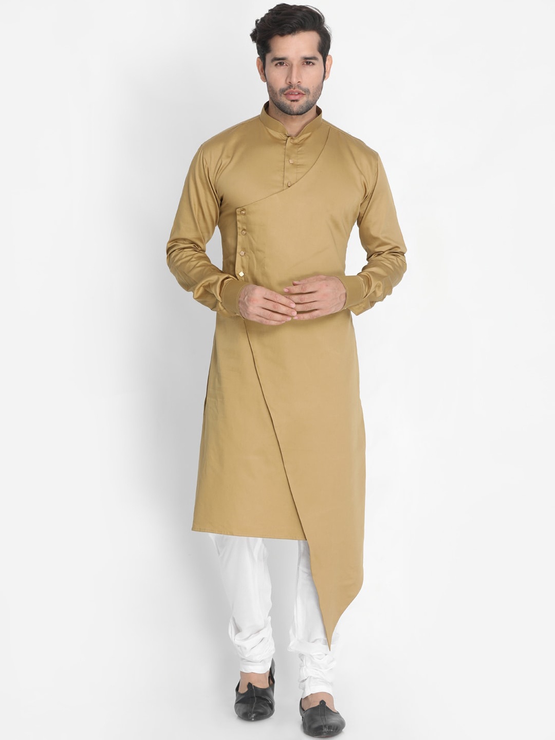 

VASTRAMAY Mandarin Collar Angrakha Kurta with Churidar, Camel brown