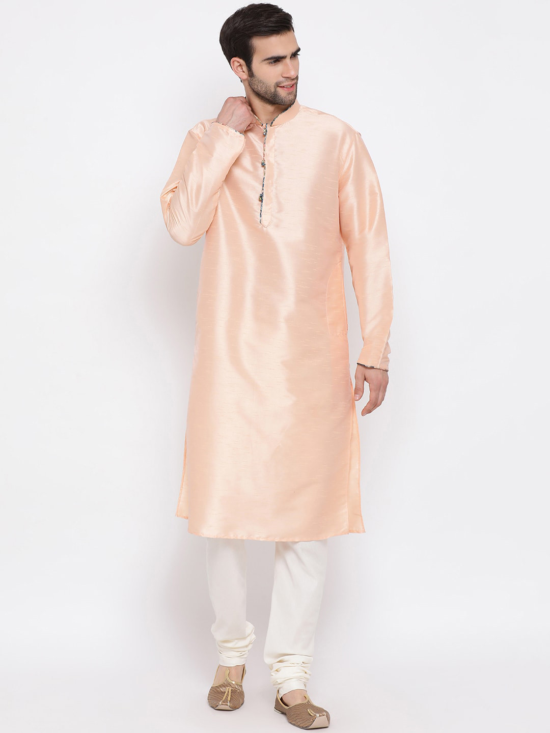 

VASTRAMAY Long Sleeves Cotton Silk Kurta with Churidar, Peach