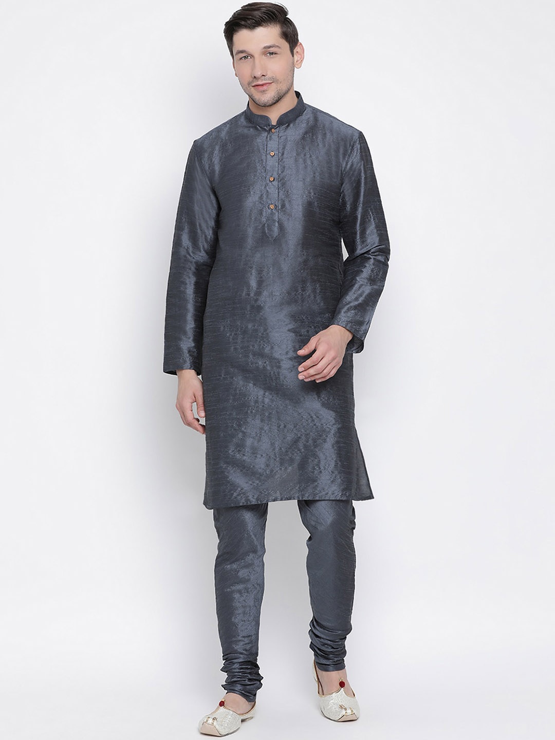 

VASTRAMAY Mandarin Collar Straight Kurta with Churidar, Steel