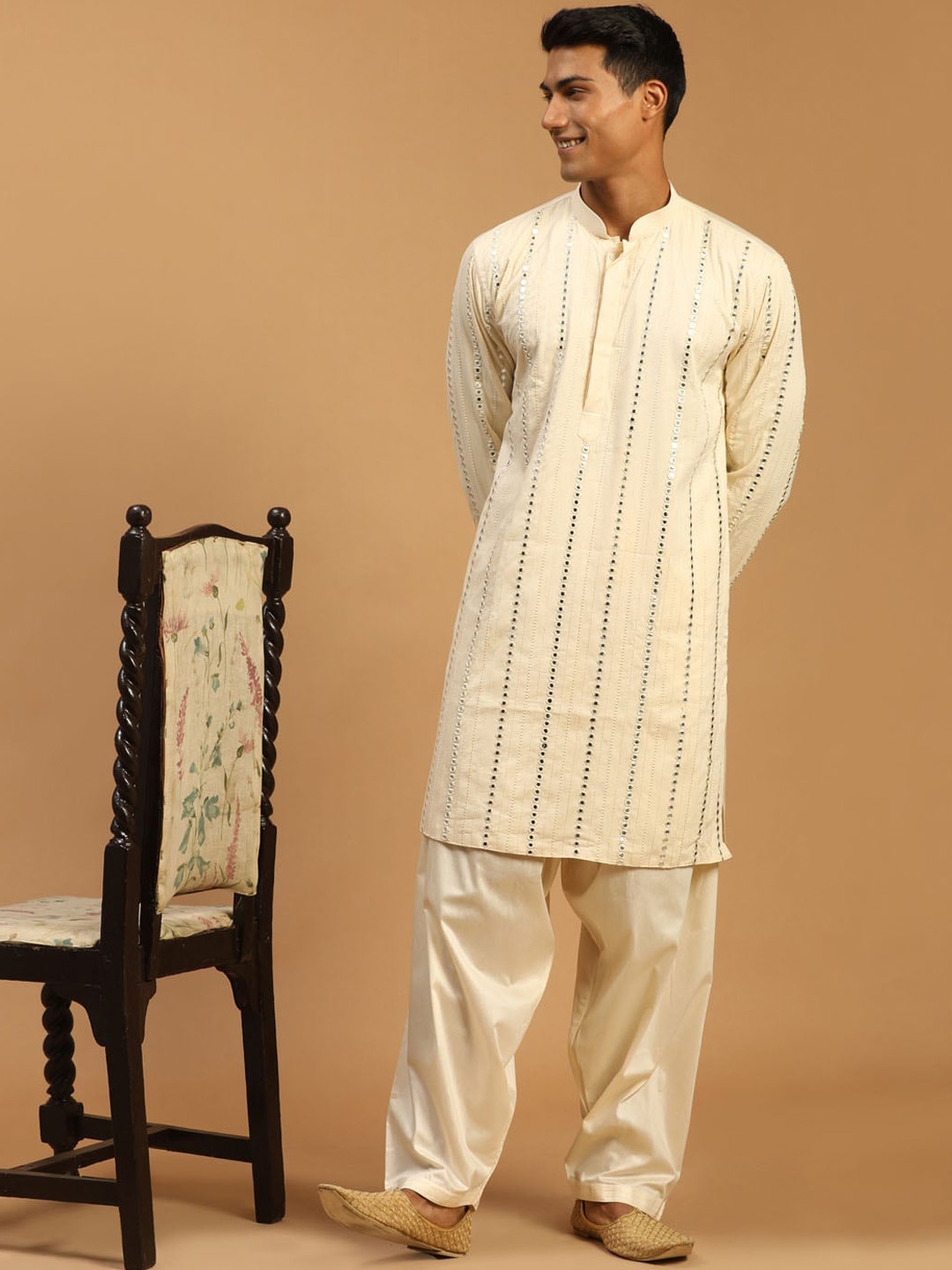 

VASTRAMAY Embroidered Mirror Work Kurta with Patiala, Cream
