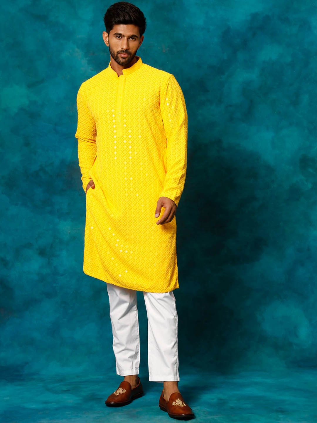 

VASTRAMAY Floral Embroidered Regular Sequined Kurta with Pyjamas, Yellow