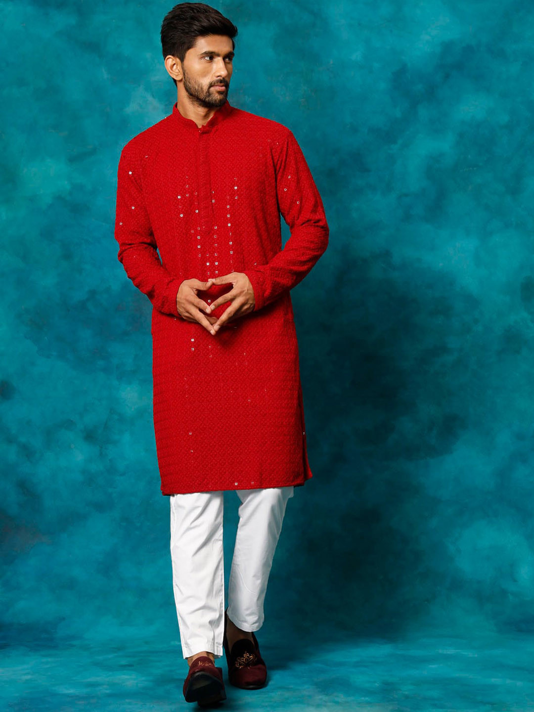 

VASTRAMAY Ethnic Motifs Embroidered Regular Thread Work Kurta With Pyjamas, Maroon