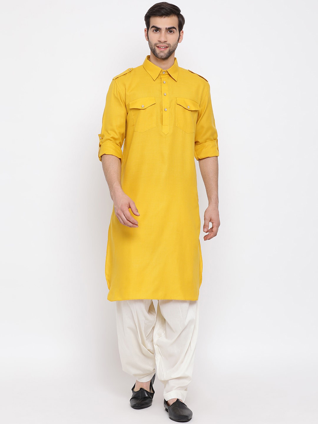 

VASTRAMAY Shirt Collar Regular Kurta With Patiala, Mustard