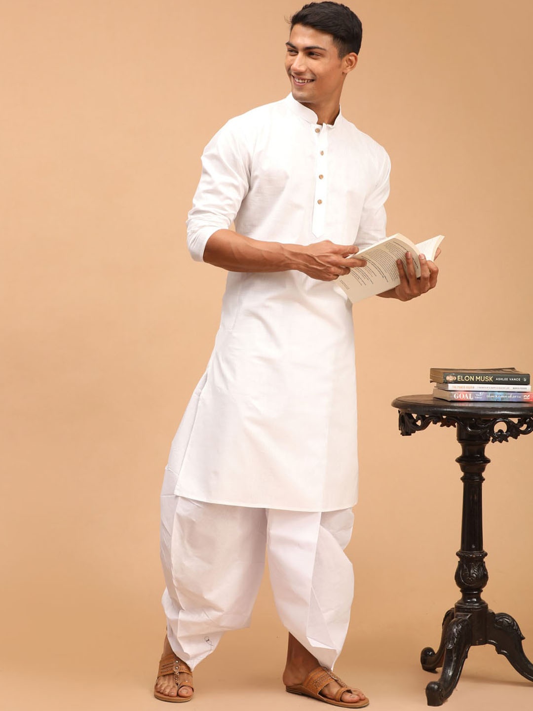

VASTRAMAY Mandarin Collar Regular Kurta with Dhoti Pants, White