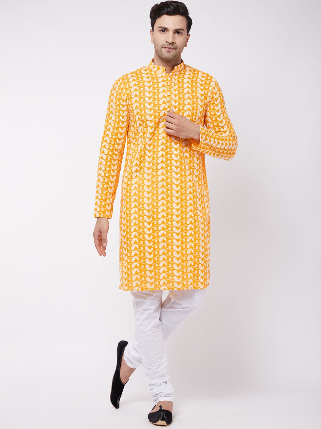 

VASTRAMAY Floral Embroidered Chikankari Pure Cotton Kurta with Churidar, Orange