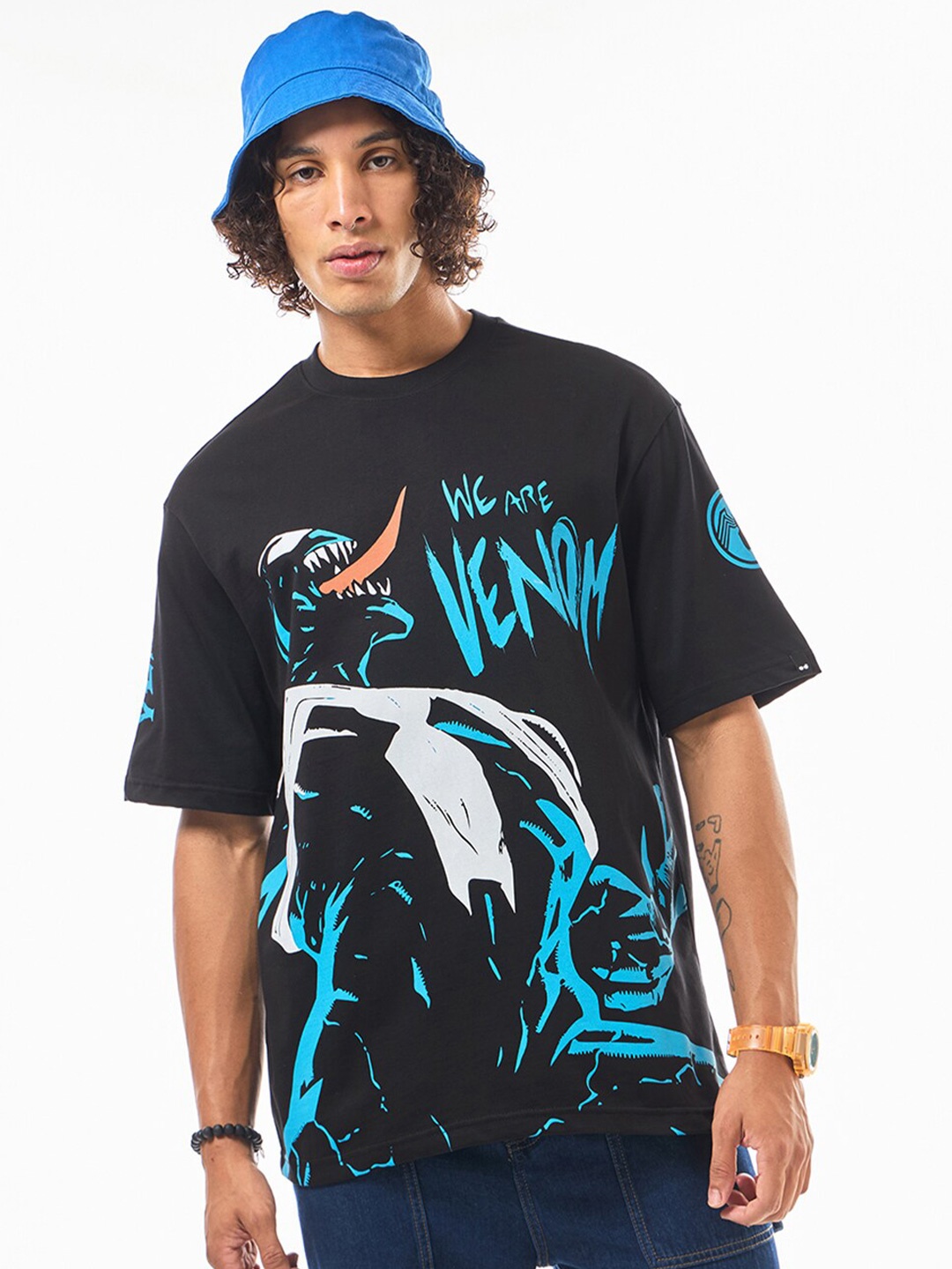 

Bewakoof Black Venom Printed Drop-Shoulder Sleeves Oversized Cotton T-shirt