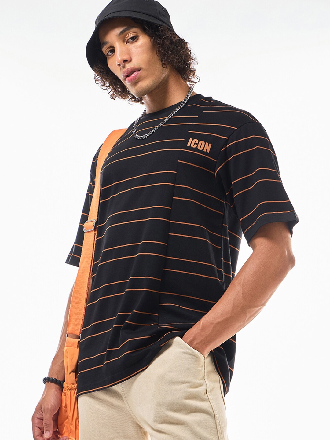 

Bewakoof Black Striped Drop-Shoulder Sleeves Oversized Cotton T-shirt