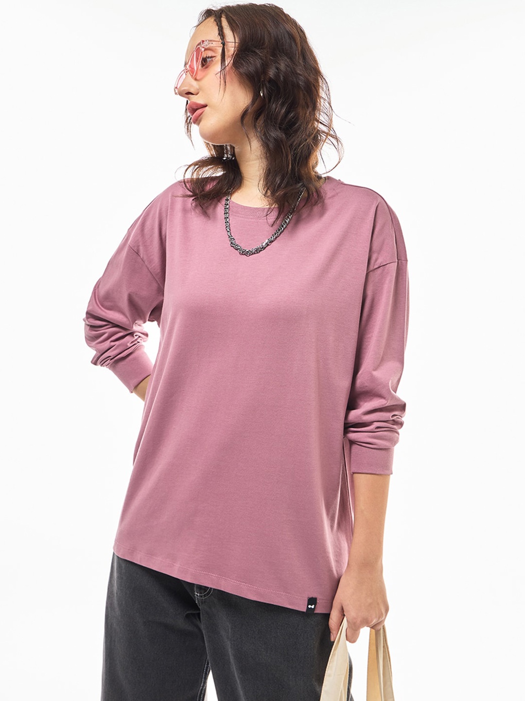 

Bewakoof Purple Drop-Shoulder Sleeves Oversized Cotton T-shirt