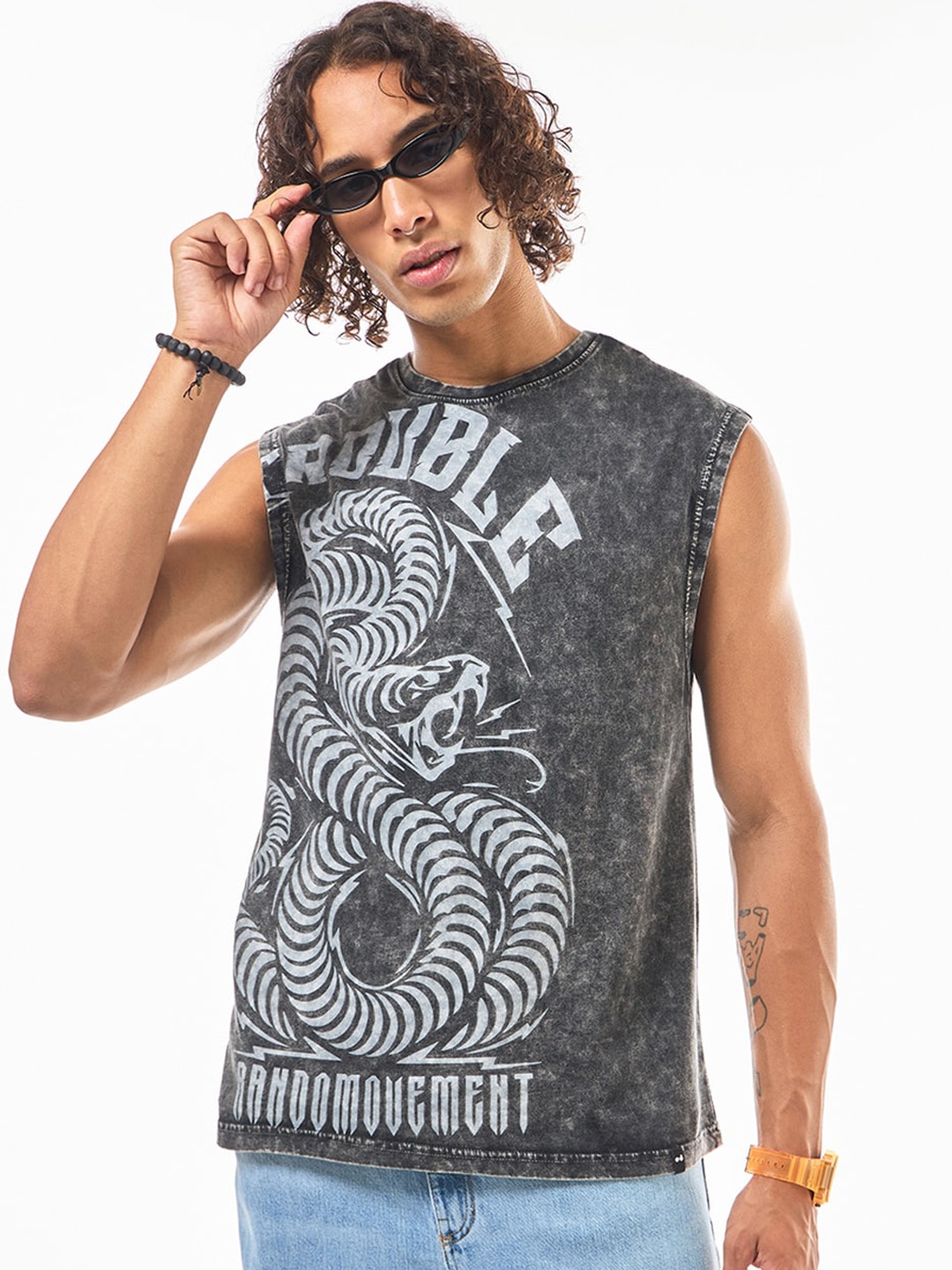 

Bewakoof Black Graphic Printed Oversized Acid Wash Innerwear Vests