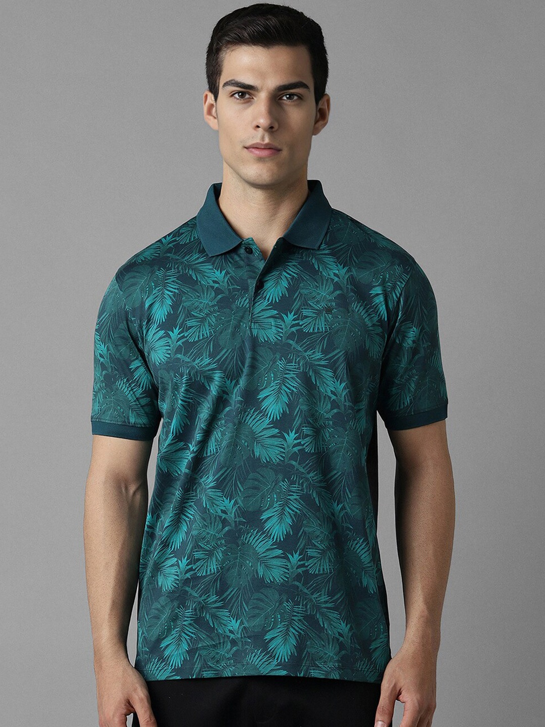 

Louis Philippe Sport Floral Printed Polo Collar Tropical Cotton T-shirt, Green