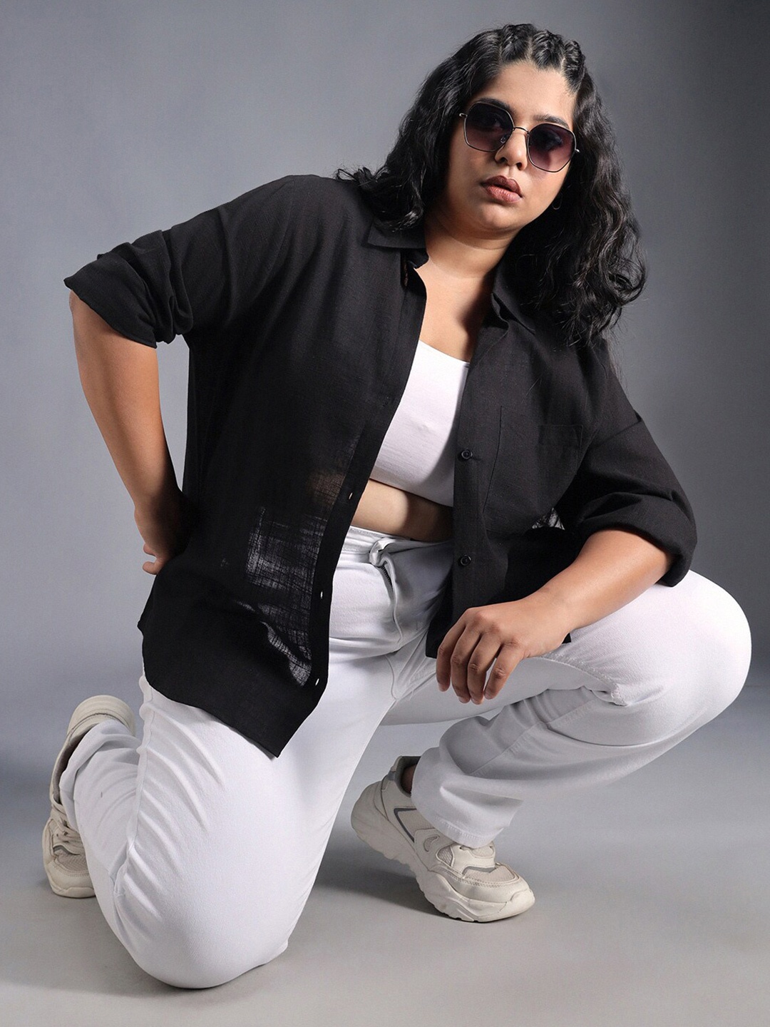

Freeform by High Star Classic Spread Collar Curved Cotton Oversized Casual Shirt, Black