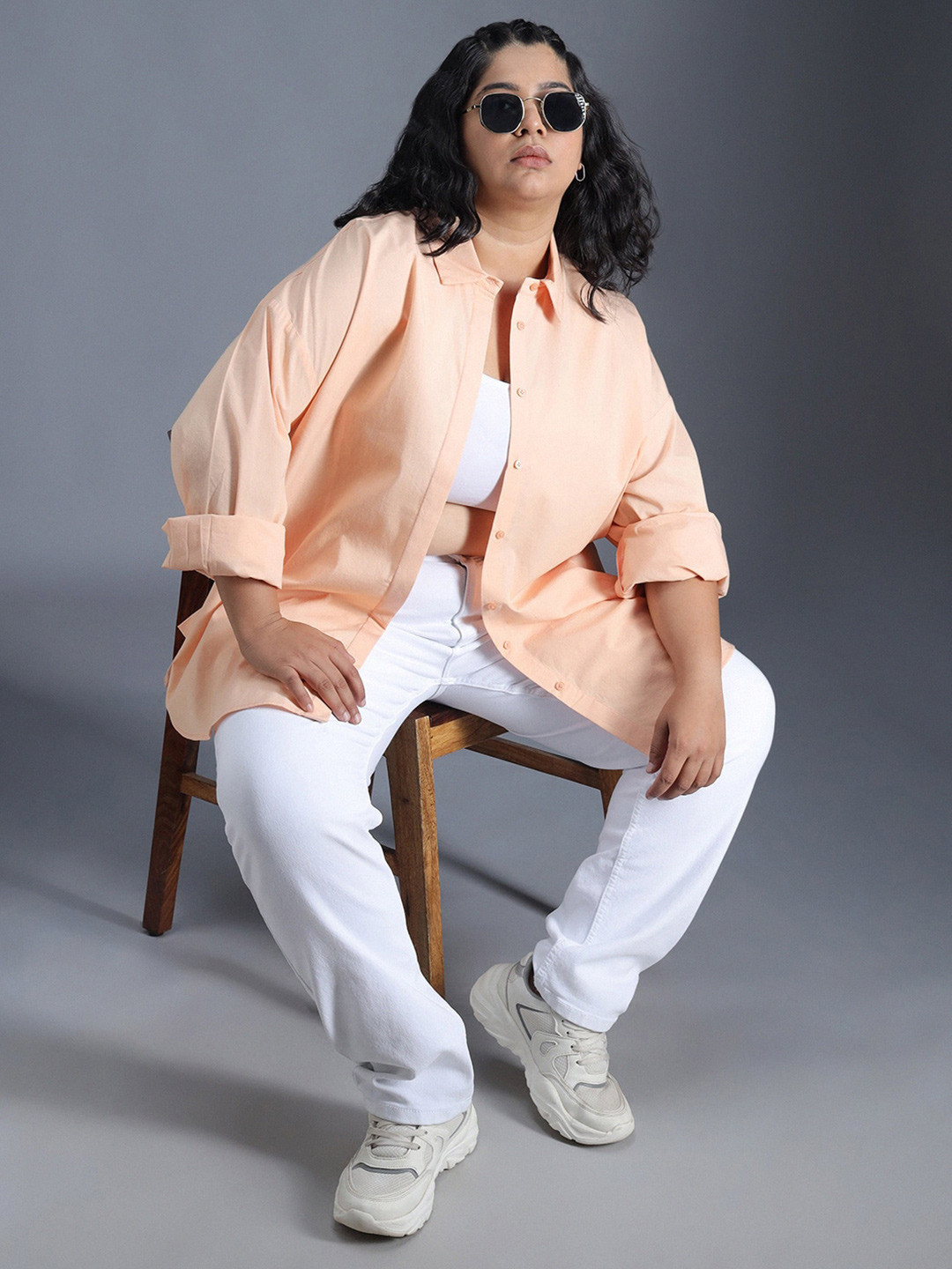 

Freeform by High Star Classic Spread Collar Curved Cotton Oversized Casual Shirt, Peach