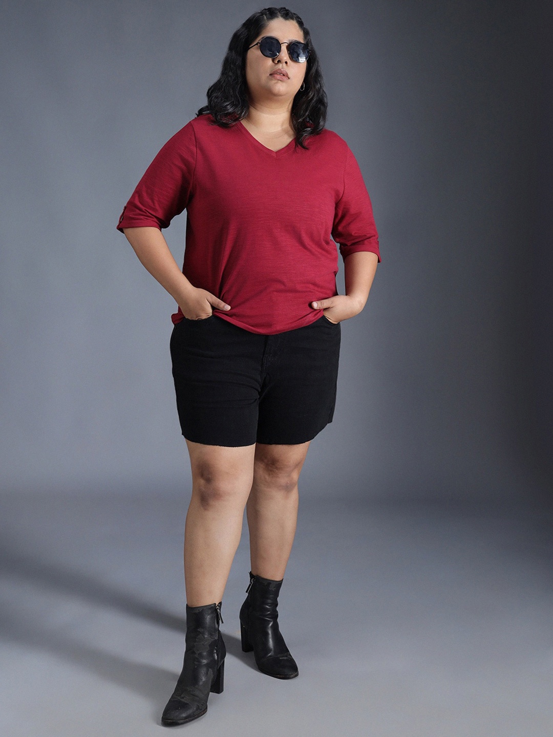 

Freeform by High Star Plus Size Regular Fit Textured Cotton Tshirt, Red
