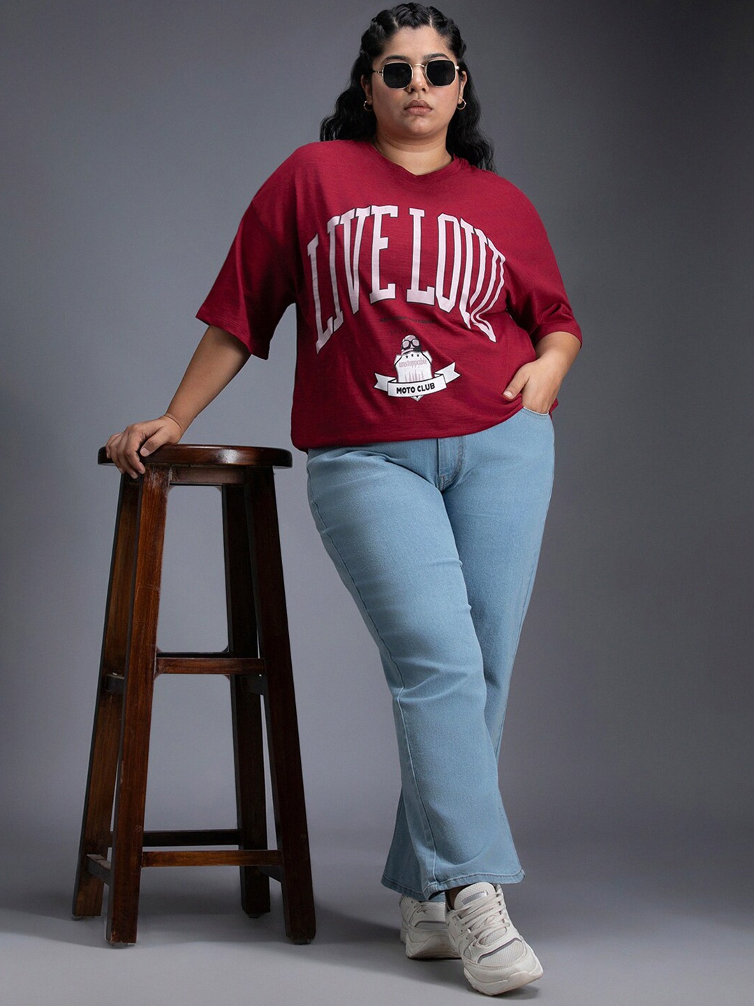 

Freeform by High Star Plus Size Typography Printed Drop-Shoulder Sleeves Oversized T-Shirt, Red
