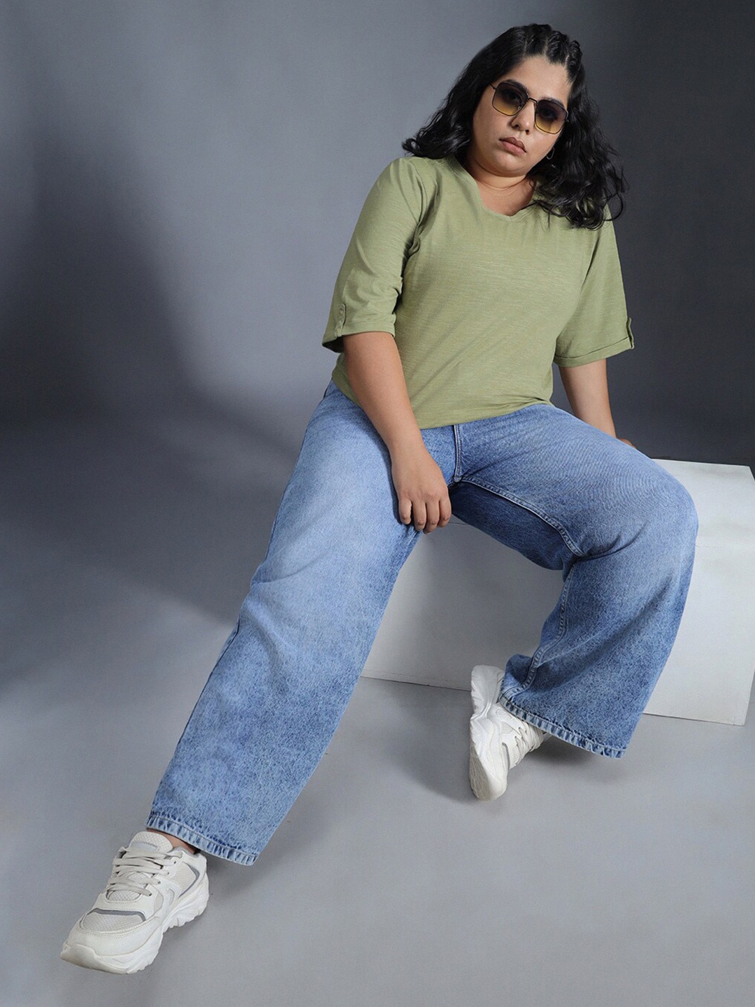 

Freeform by High Star Plus Size Regular Fit Textured Cotton Tshirt, Green