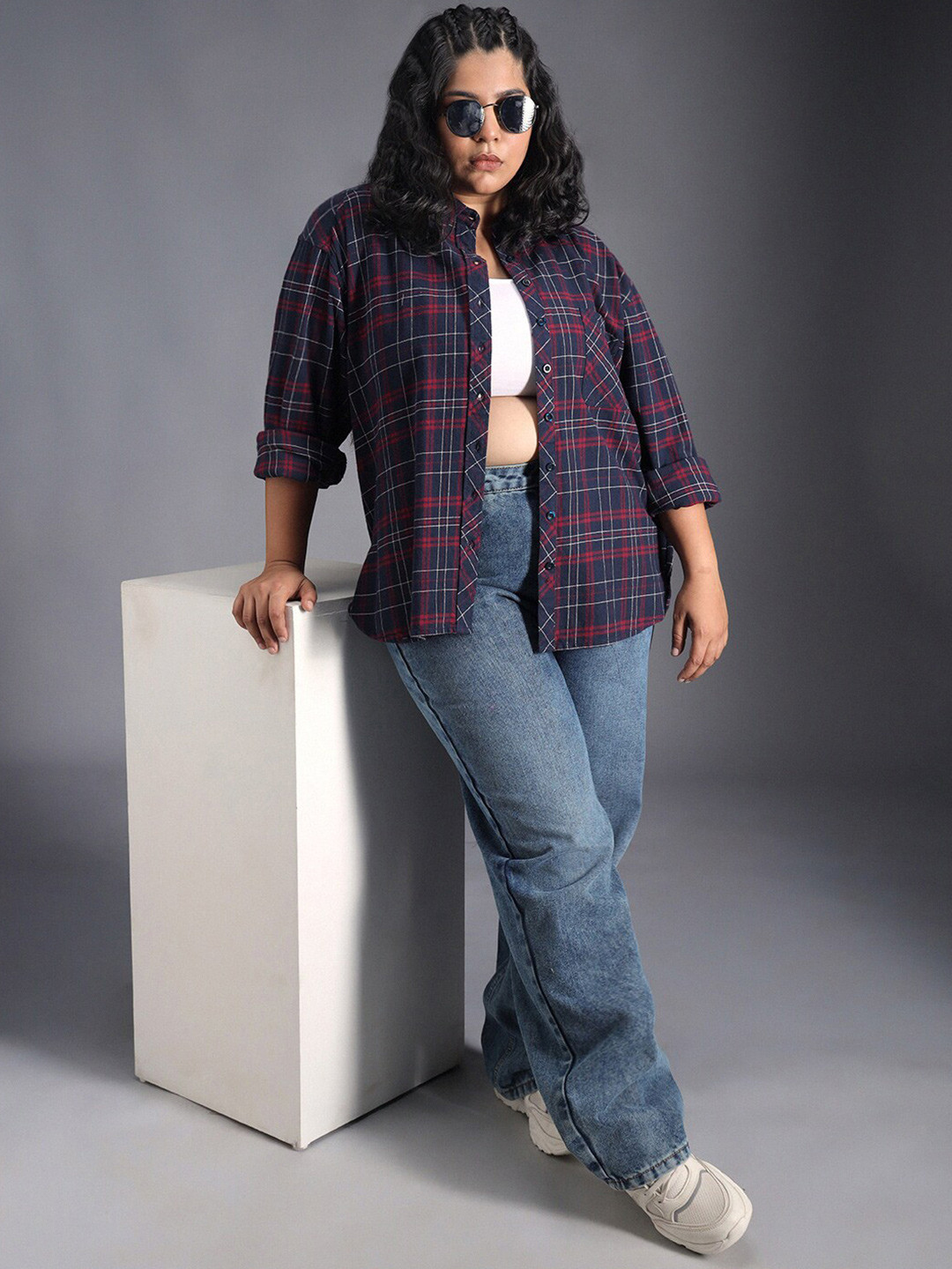 

Freeform by High Star Classic Checked Spread Collar Curved Cotton Oversized Casual Shirt, Red