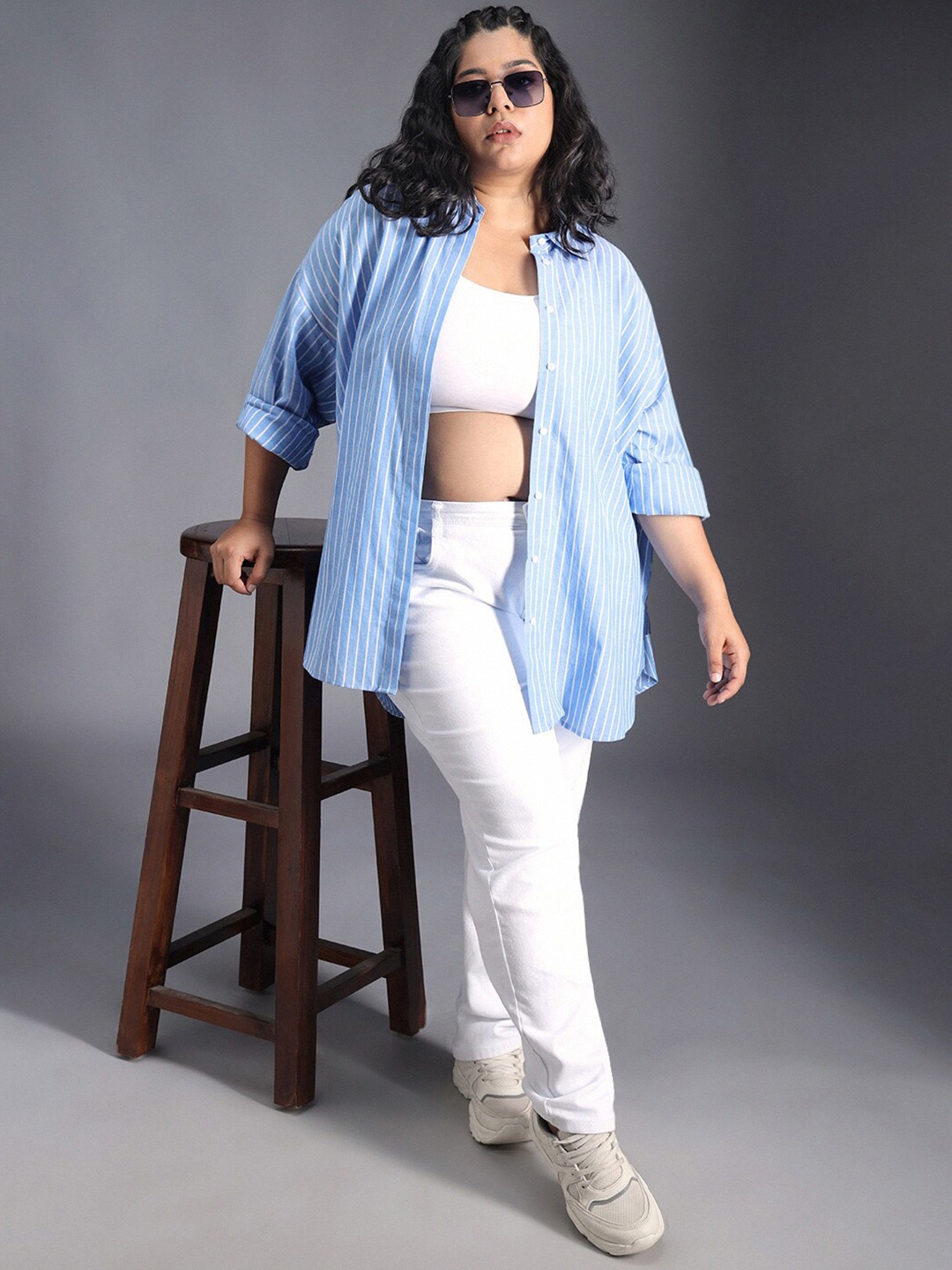 

Freeform by High Star Classic Striped Spread Collar Curved Cotton Oversized Casual Shirt, Blue