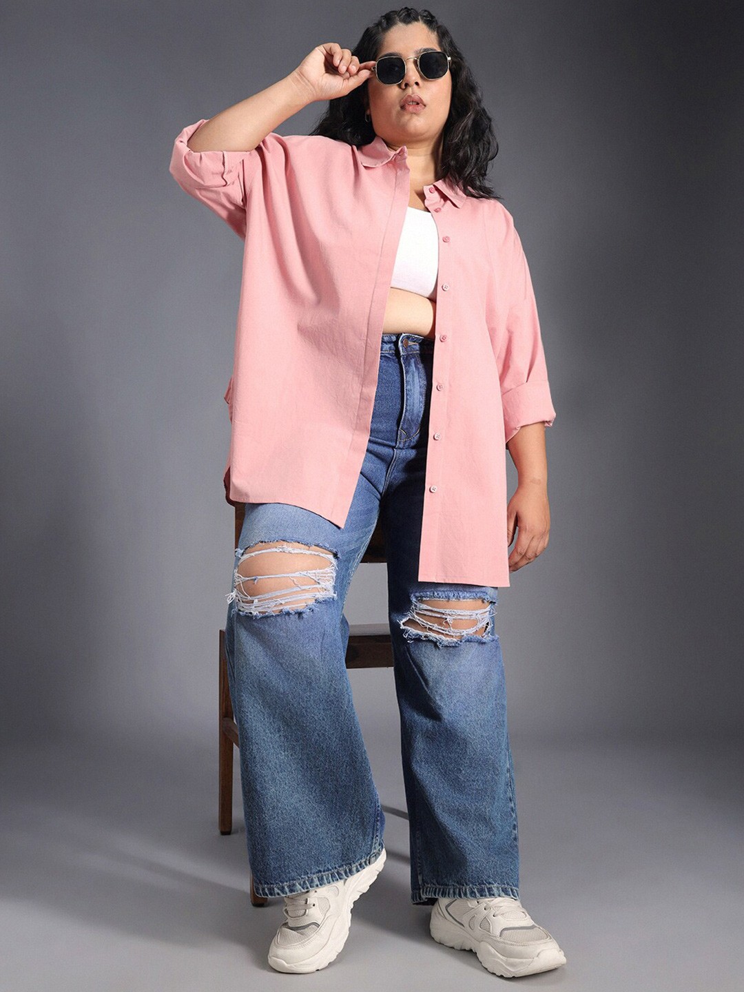 

Freeform by High Star Classic Spread Collar Curved Cotton Oversized Casual Shirt, Pink