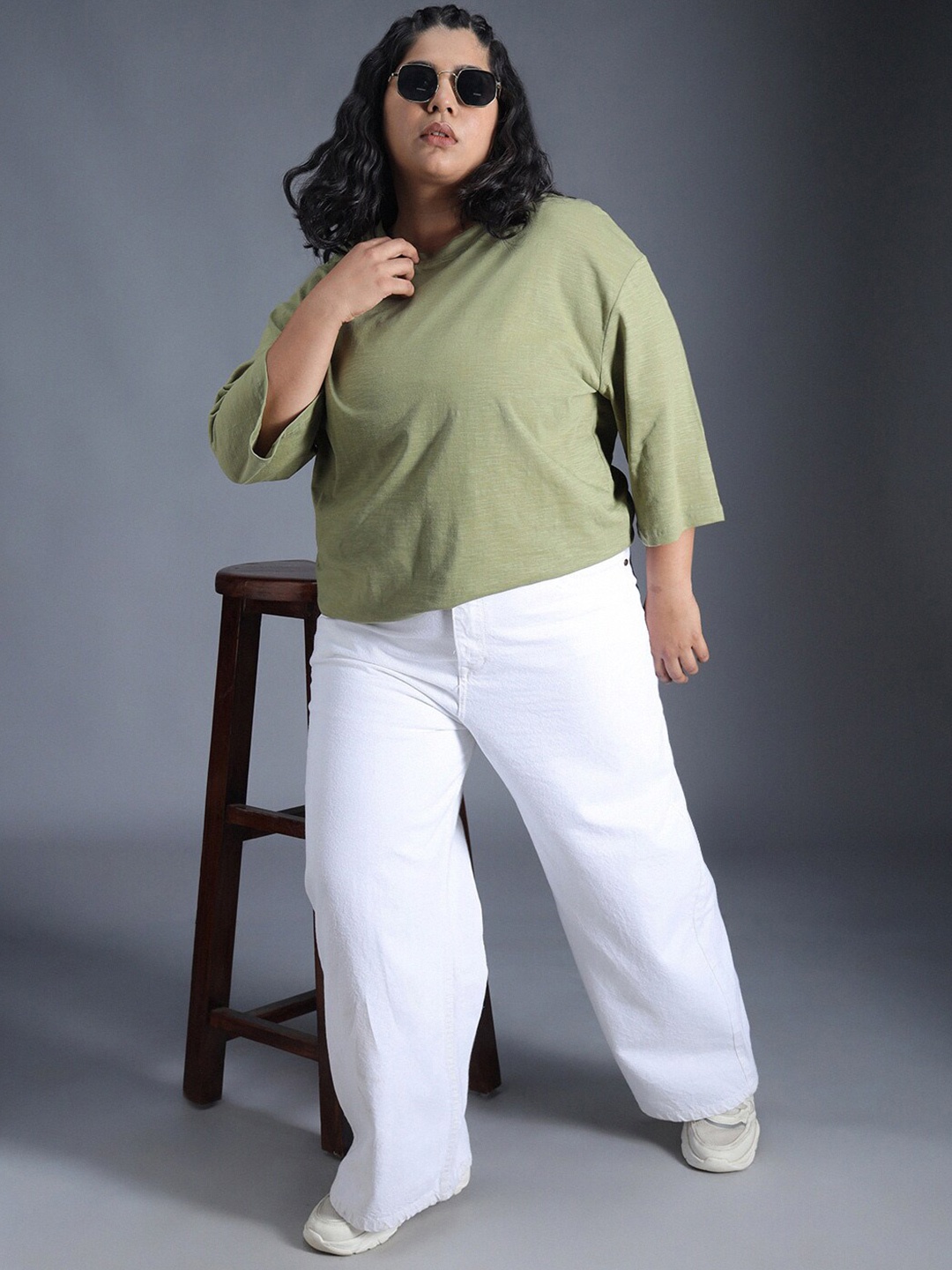 

Freeform by High Star Plus Size Boxy Fit Textured Cotton Tshirt, Green