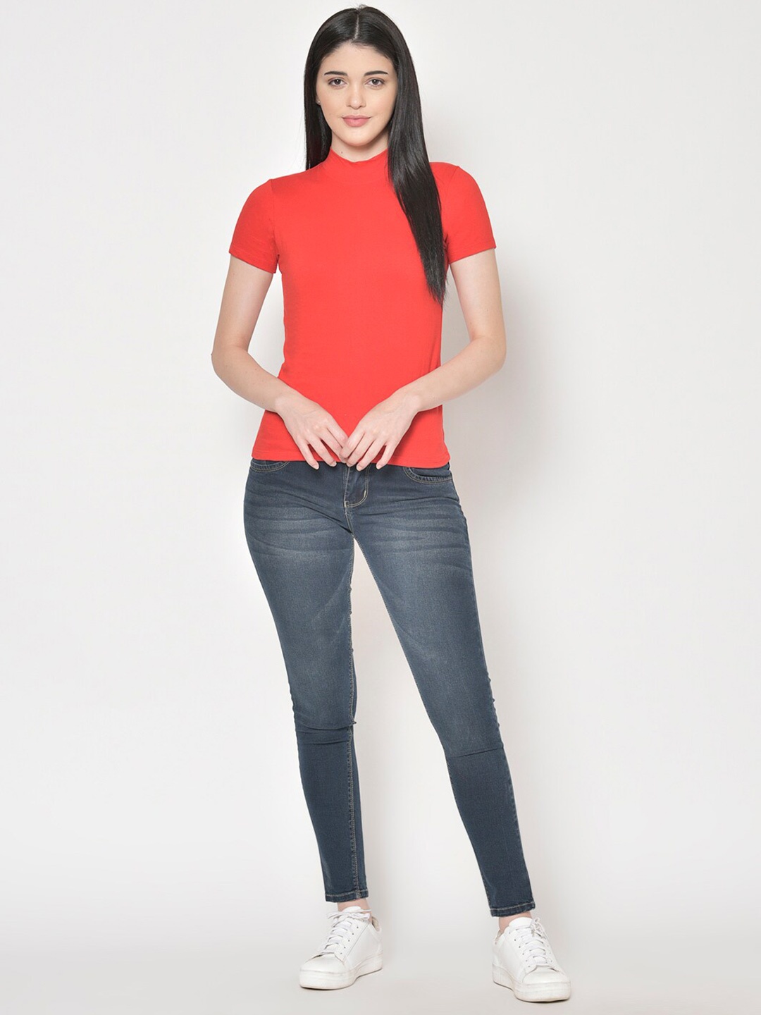 

BAESD High Neck Short Sleeves Cotton Top, Red