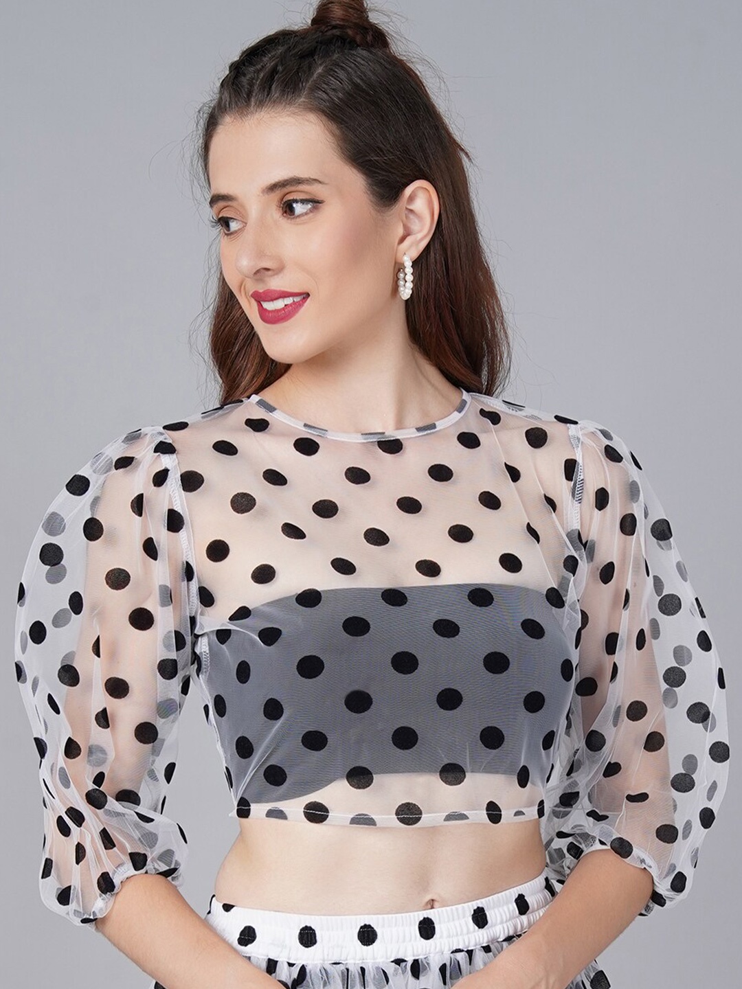 

BAESD Polka Dots Printed Puff Sleeves Net Crop Top, White