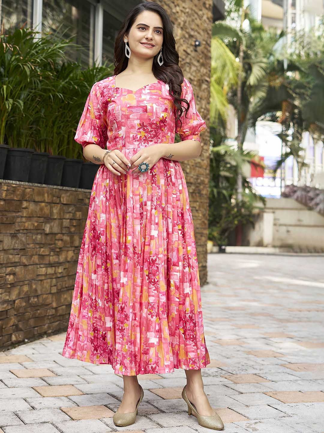 

CHANSI Floral Printed Sweetheart Neck Puff Sleeves Fit & Flare Midi Dress, Pink