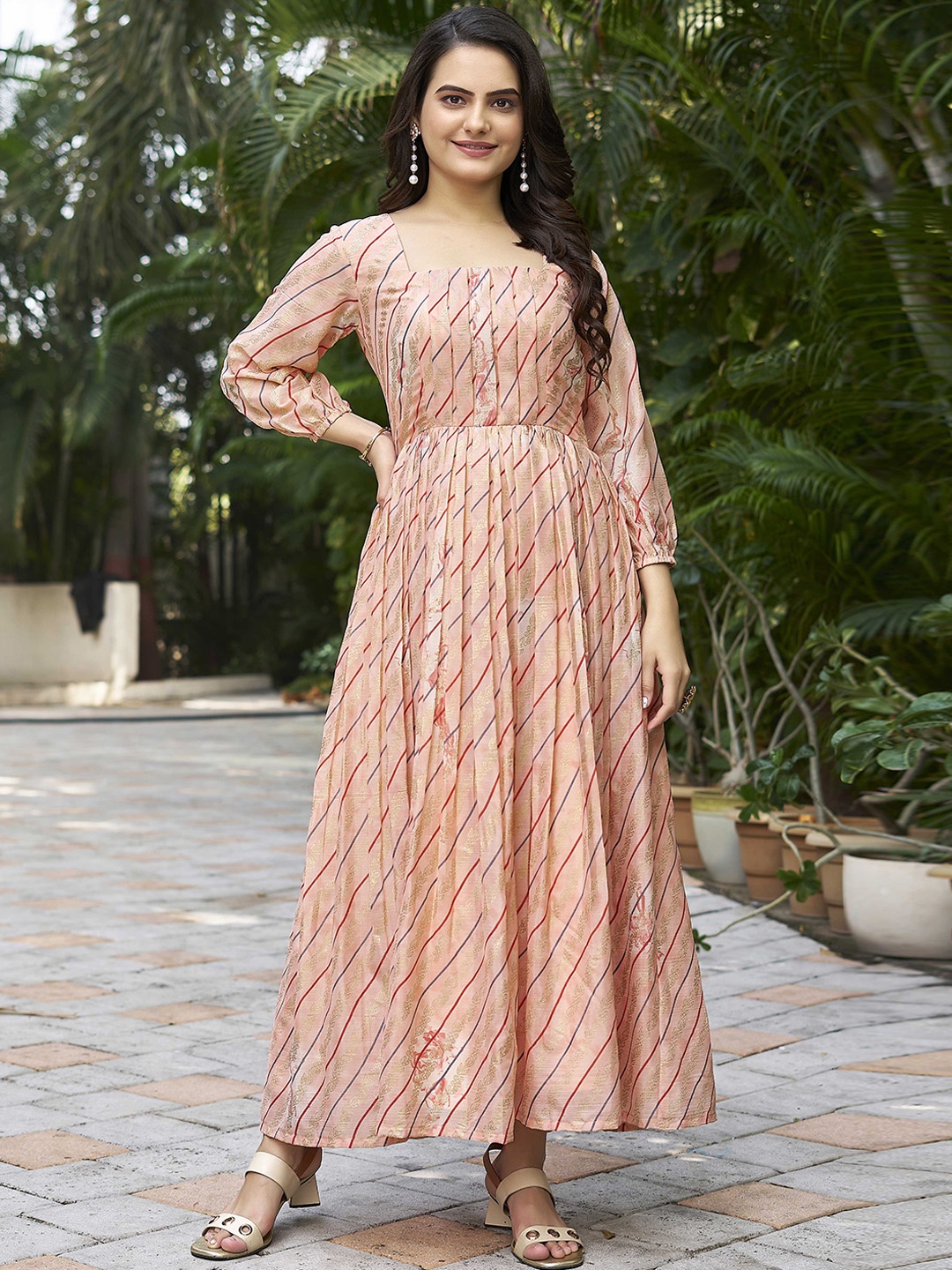 

CHANSI Ethnic Motifs Printed Puff Sleeves Maxi Dress, Peach