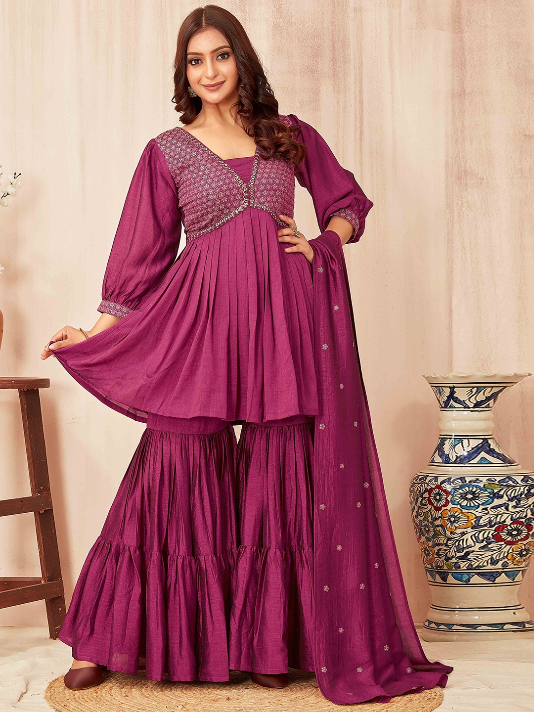 

CHANSI Floral Embroidered V-Neck Pleated Sequinned Kurti with Sharara & Dupatta, Violet