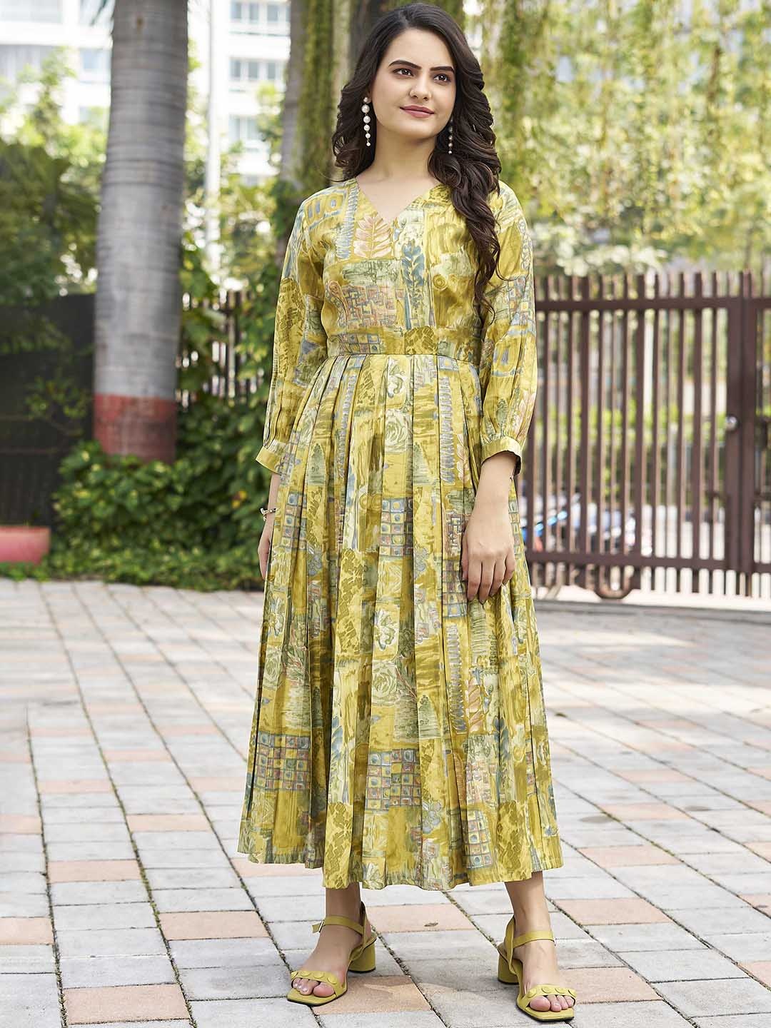 

CHANSI Floral Printed Cuffed Sleeves Pleated Maxi Dress, Fluorescent green