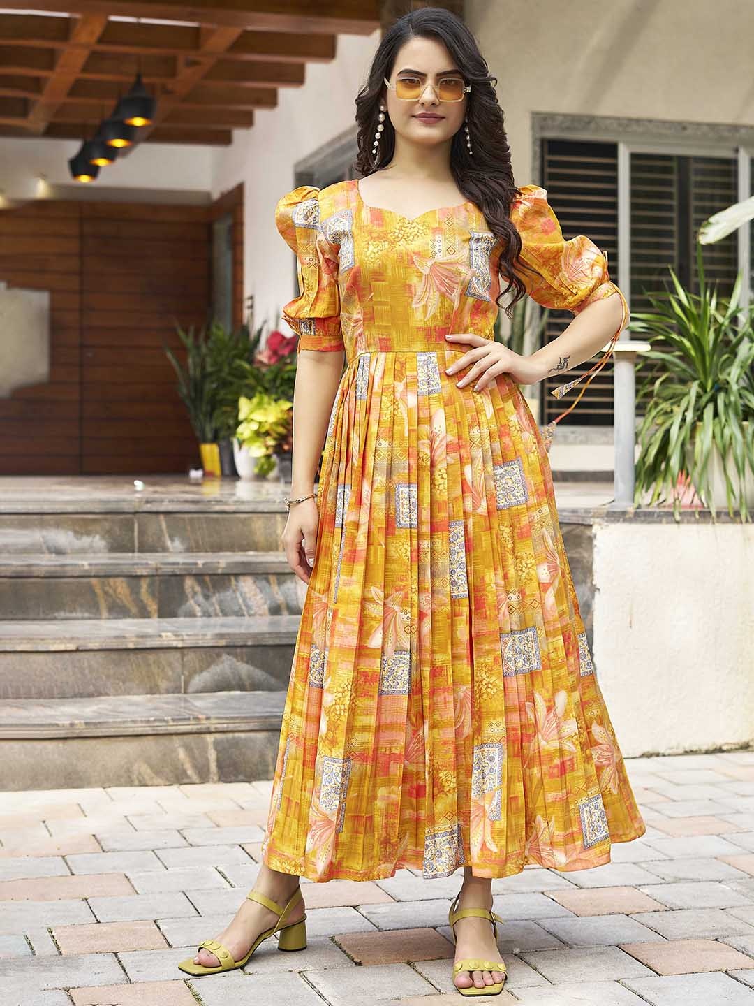 

CHANSI Ethnic Motifs Printed Pleated Puff Sleeves Maxi Dress, Mustard