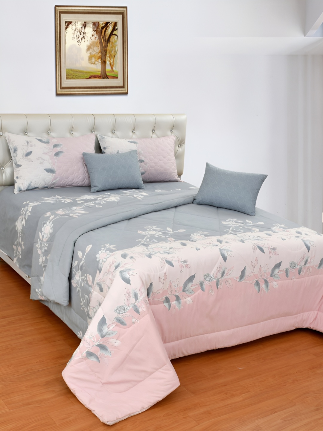 

Nivasam Grey & Pink Floral Cotton 6 Pieces Double King Superfine Bedding Set