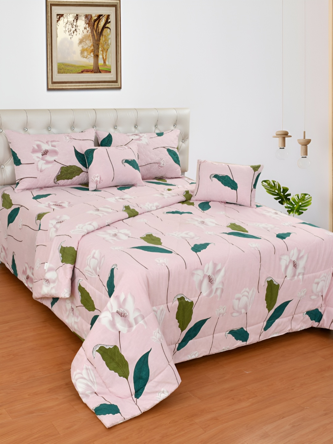 

Nivasam Pink & Green 6 Piece Floral Cotton Double King Superfine Bedding Set