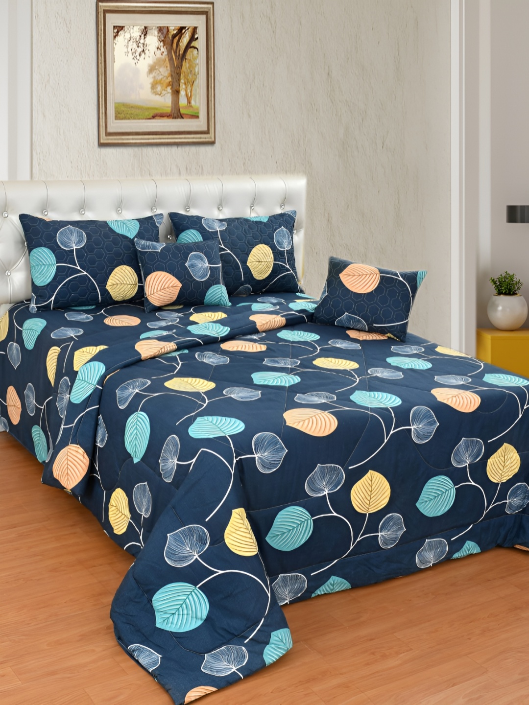 

Nivasam Navy Blue & Yellow 6 Piece Floral Cotton Double King Superfine Bedding Set