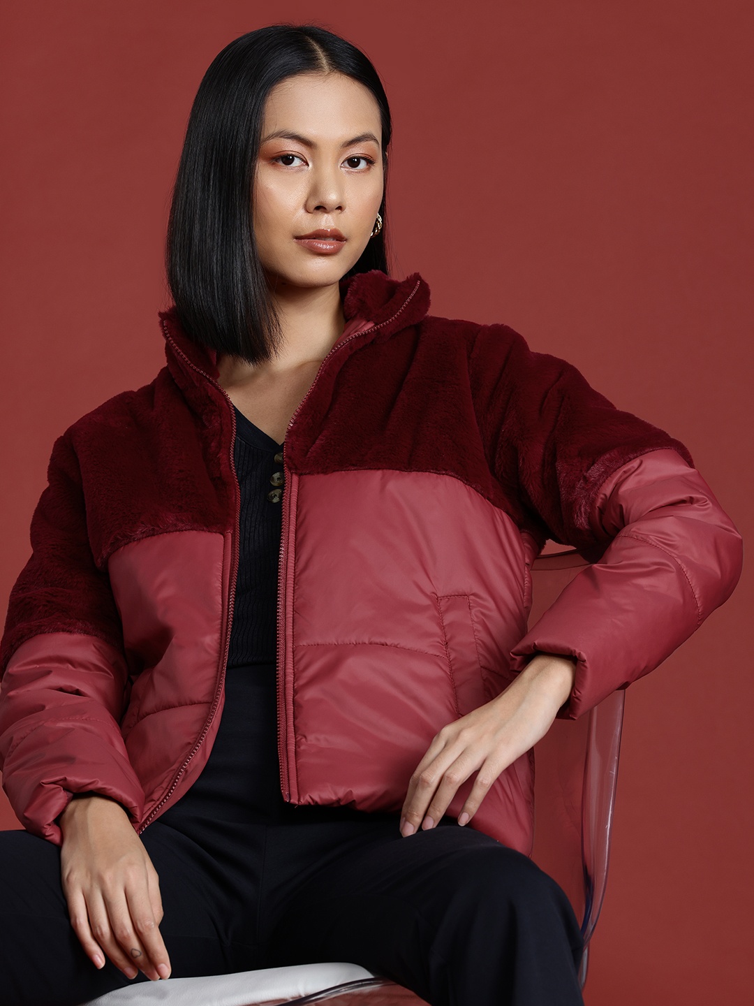 

all about you Faux-Fur Detail Padded Jacket, Red