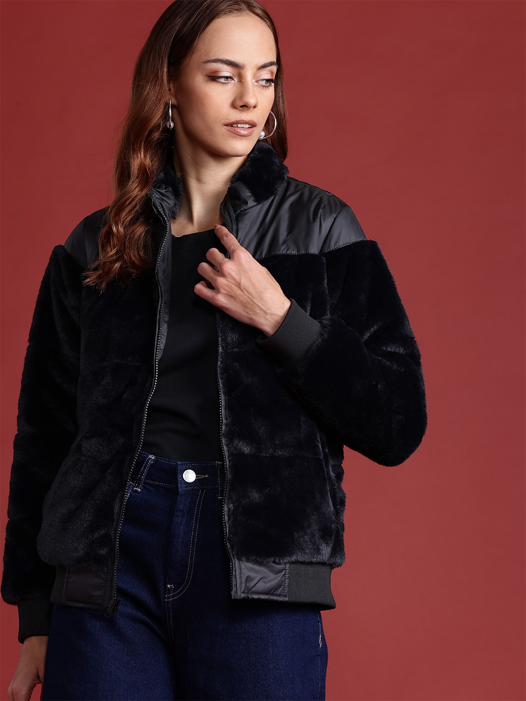 

all about you Faux-Fur Detail Bomber Jacket, Black