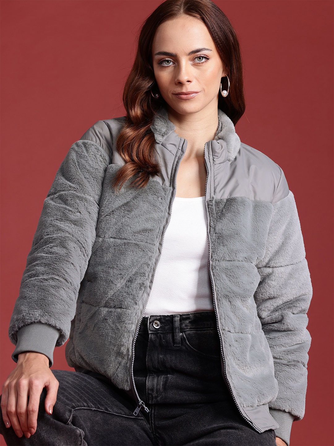 

all about you Faux-Fur Detail Bomber Jacket, Grey