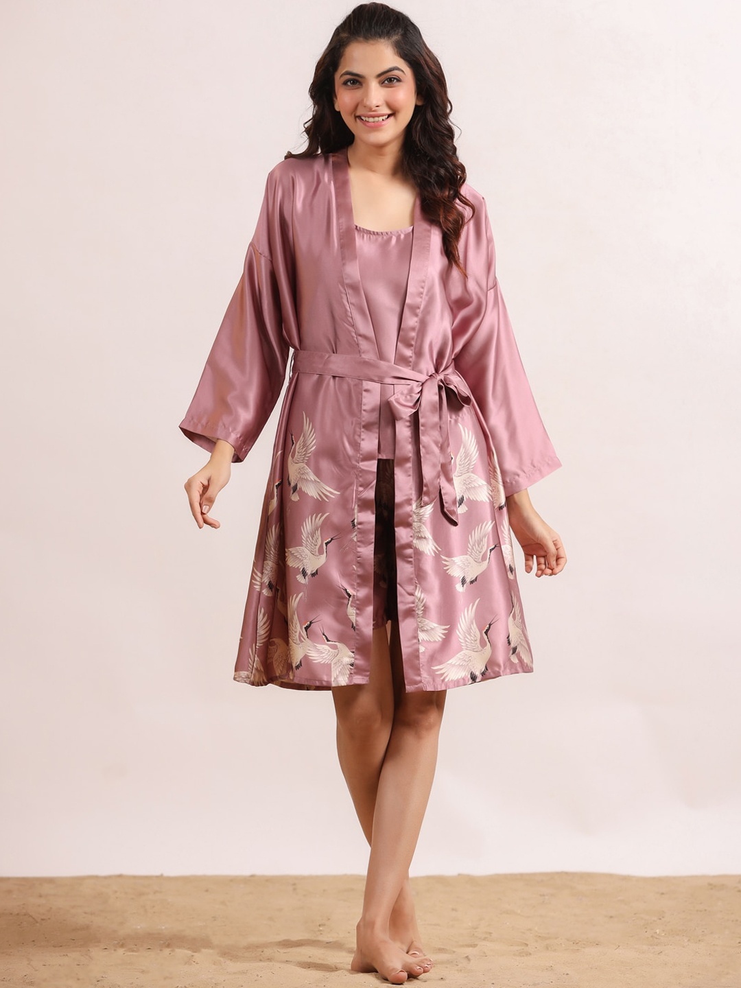 

SANSKRUTIHOMES Graphic Printed Satin Night suit, Mauve