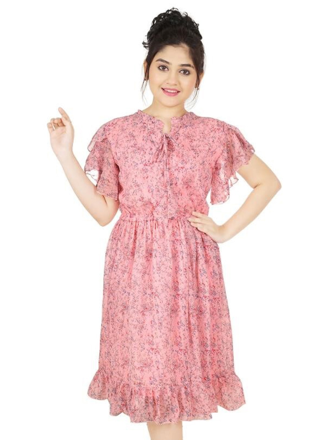 

BAESD Girls Floral Print Tie Up Neck Flared Sleeves Fit & Flare Midi Dress, Orange