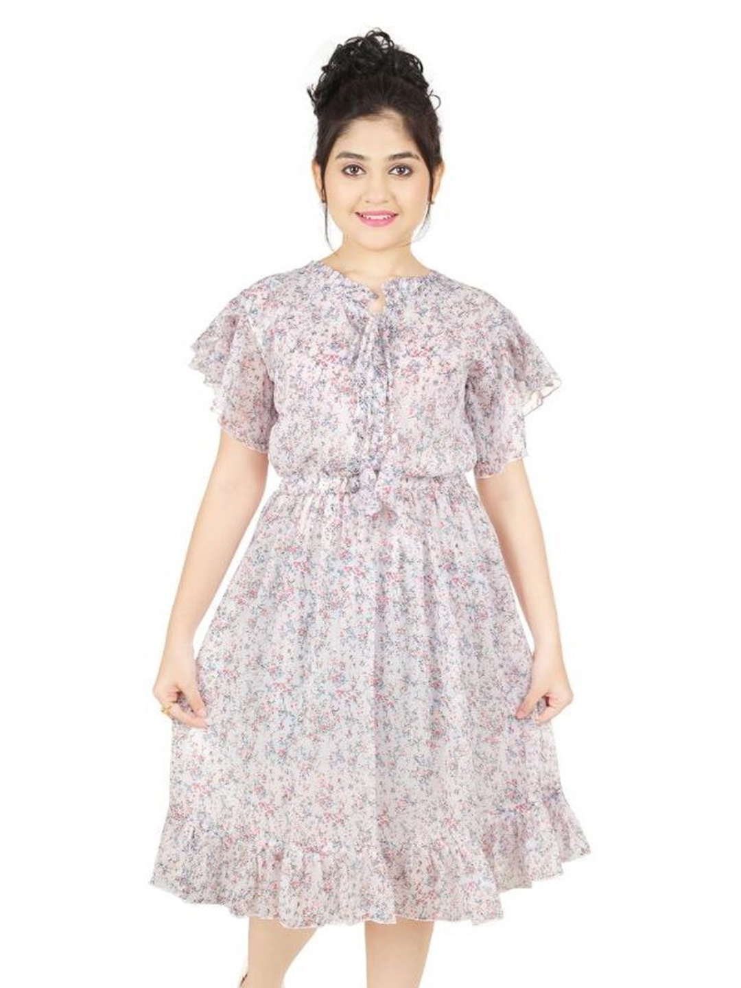 

BAESD Girls Floral Print Flared Sleeve Fit & Flare Midi Dress, Silver