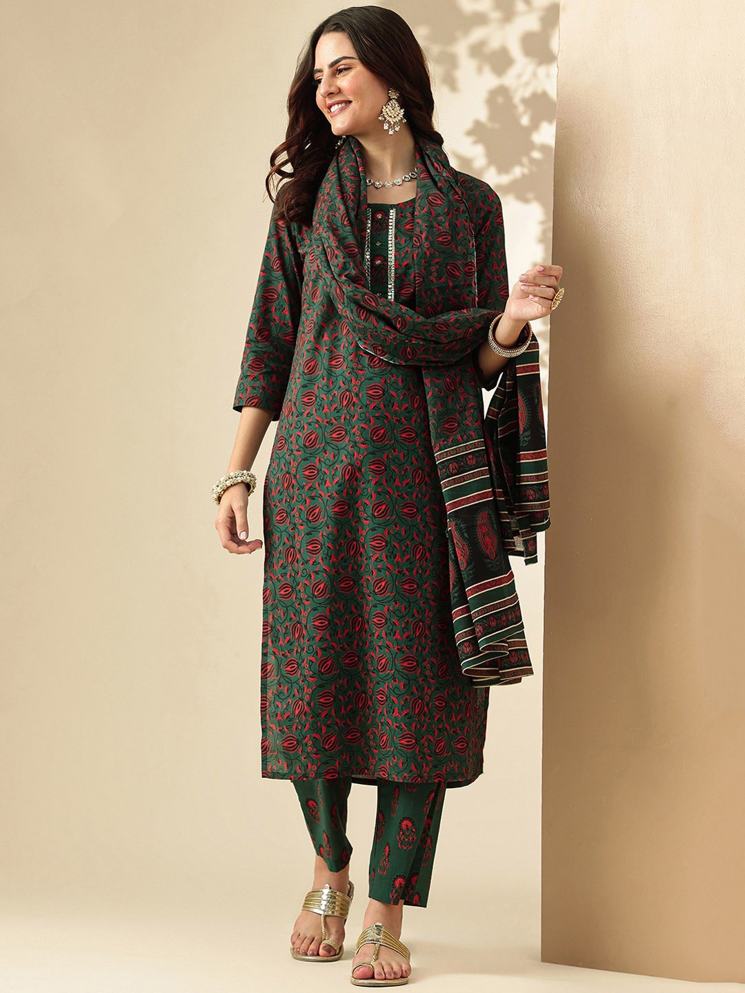 

KALINI Floral Printed Mirror Work Pure Cotton Kurta Set With Dupatta, Green