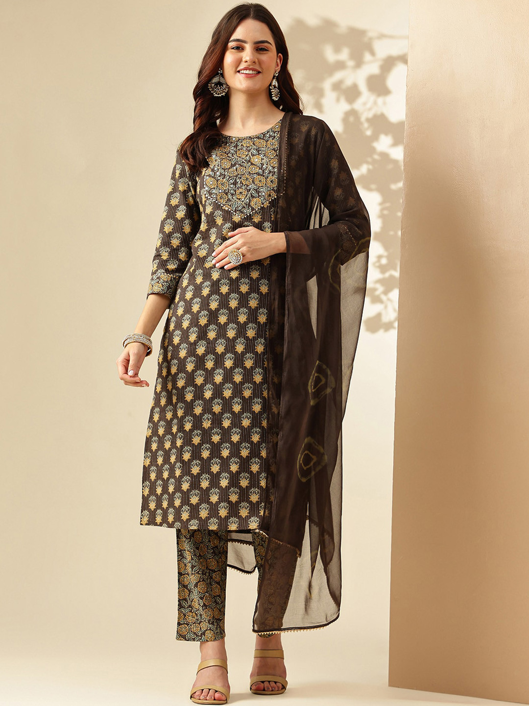 

KALINI Floral Printed Mirror Work Pure Cotton Straight Kurta with Trousers & Dupatta, Coffee brown